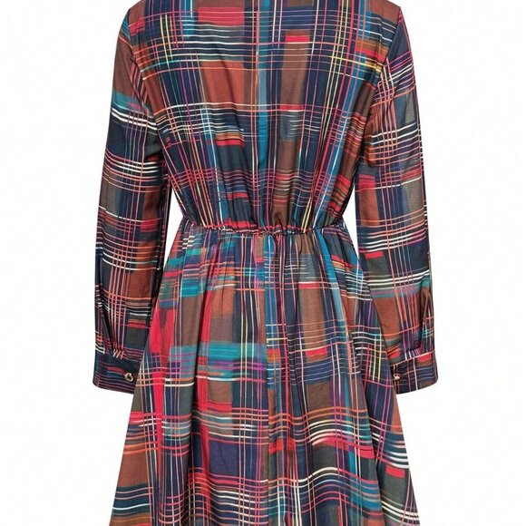 Brown Elegant Women's Plaid Shirt Dress with Cinched Waist - Picture 4 of 5